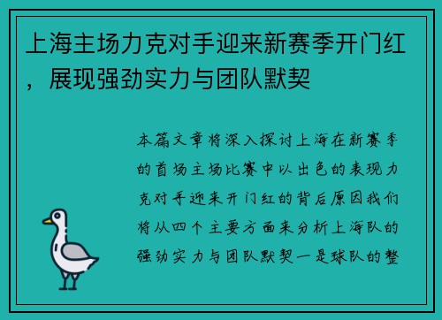 上海主场力克对手迎来新赛季开门红，展现强劲实力与团队默契