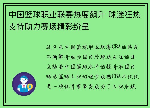 中国篮球职业联赛热度飙升 球迷狂热支持助力赛场精彩纷呈