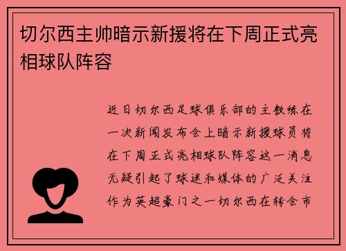 切尔西主帅暗示新援将在下周正式亮相球队阵容
