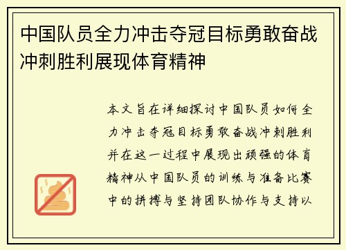 中国队员全力冲击夺冠目标勇敢奋战冲刺胜利展现体育精神