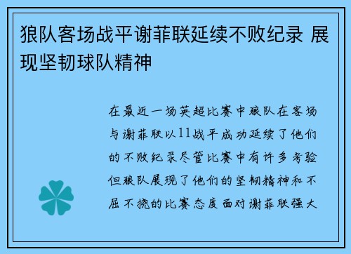 狼队客场战平谢菲联延续不败纪录 展现坚韧球队精神